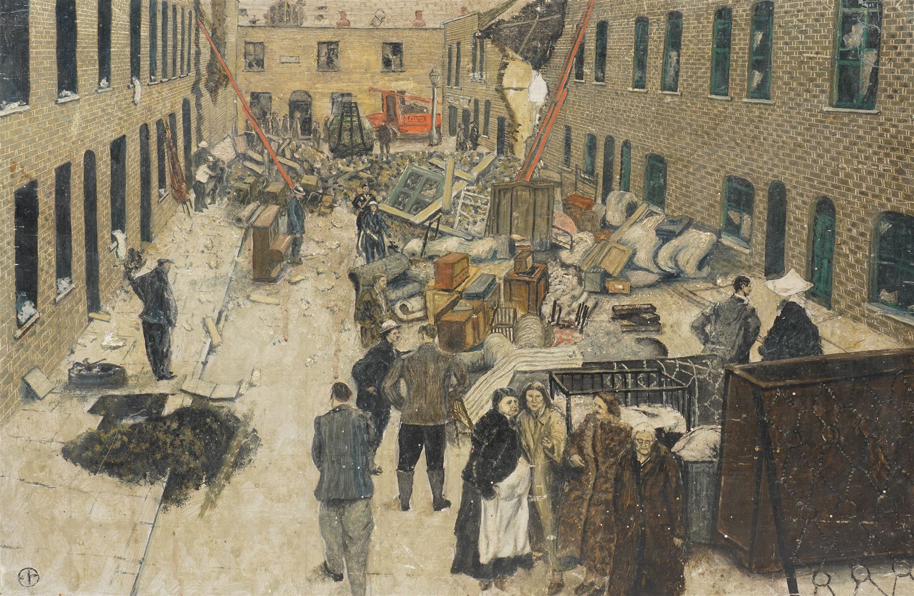 John Gilbey Bowles (British 1929-2011): 'The Passing of Parade Street' - Post WWII Bombing Scene, oil on board signed, inscribed and dated 1941 verso 41cm x 61cm
Notes: Bowes painted this picture at only 12 years of age