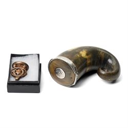 19th century horn snuff mull with silvered mounts and a bronze Nelson intaglio seal 
