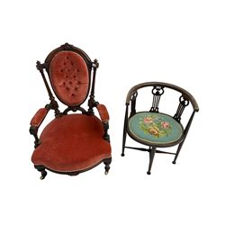 Victorian walnut framed armchair, the cresting rail carved with flower head motif, upholstered seat back and arms (W65cm, H95cm), together with and a small inlaid chair 

