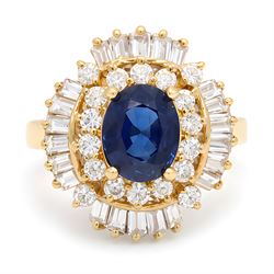 18ct gold sapphire and diamond cluster ring, single oval cut sapphire of approx 2.05 carat...