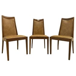 G-Plan - set of six mid-20th century teak 'Fresco' dining chairs, high back and seat upholstered in tan faux leather, on square tapering supports