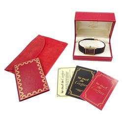 Must de Cartier silver-gilt manual wind wristwatch, burgundy dial, back case No 6 141961, hallmarked, on Cartier burgundy leather strap, with gilt buckle boxed with certificate of origin dated 1981