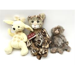 Three Charlie Bears wild animals - 'Annuska' leopard with metal key pendant and card name tag H43cm; 'Gaston Giraffe' ; and 'Pimky the Monkey' CB161656B; no carry bags (3)