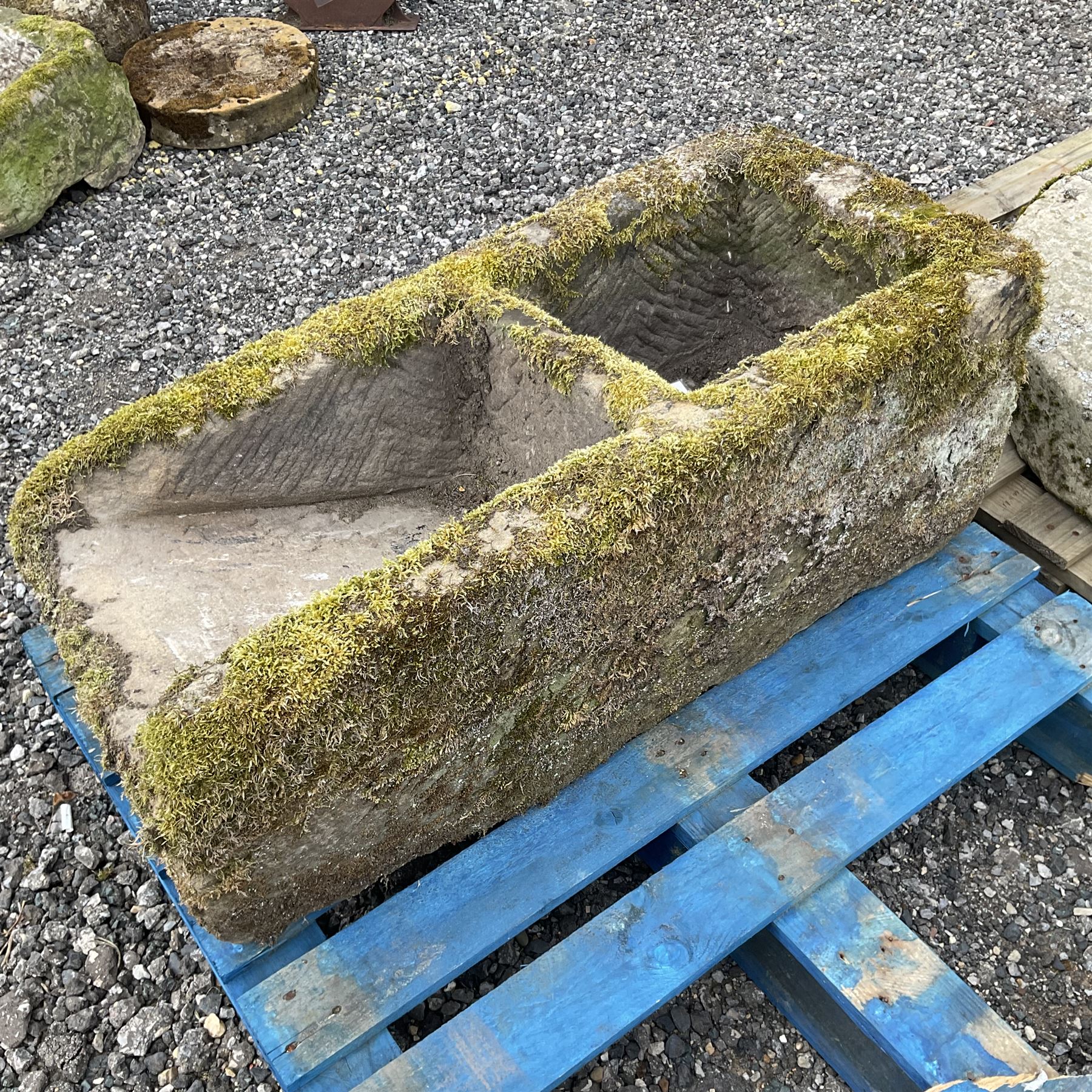 19th century two division stone trough, sloped scoop division - THIS LOT IS TO BE COLLECTED BY APPOINTMENT FROM DUGGLEBY STORAGE, GREAT HILL, EASTFIELD, SCARBOROUGH, YO11 3TX