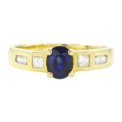 18ct gold sapphire and diamond ring, single oval cut sapphire of approx 0.70 carat, with a...