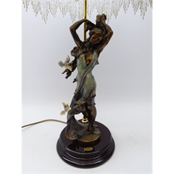  Large Florence Giuseppe Armani bronzed figural table lamp titled 'Aurora' with beaded frill shade, (H77cm including shade)  