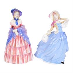 Six Royal Doulton figures, comprising Victorian Lady HN728, Top of the Hill in two colourways, HN1833 HN1849 and Autumn Breeze in three colourways HN1913, HN2131 and HN3736