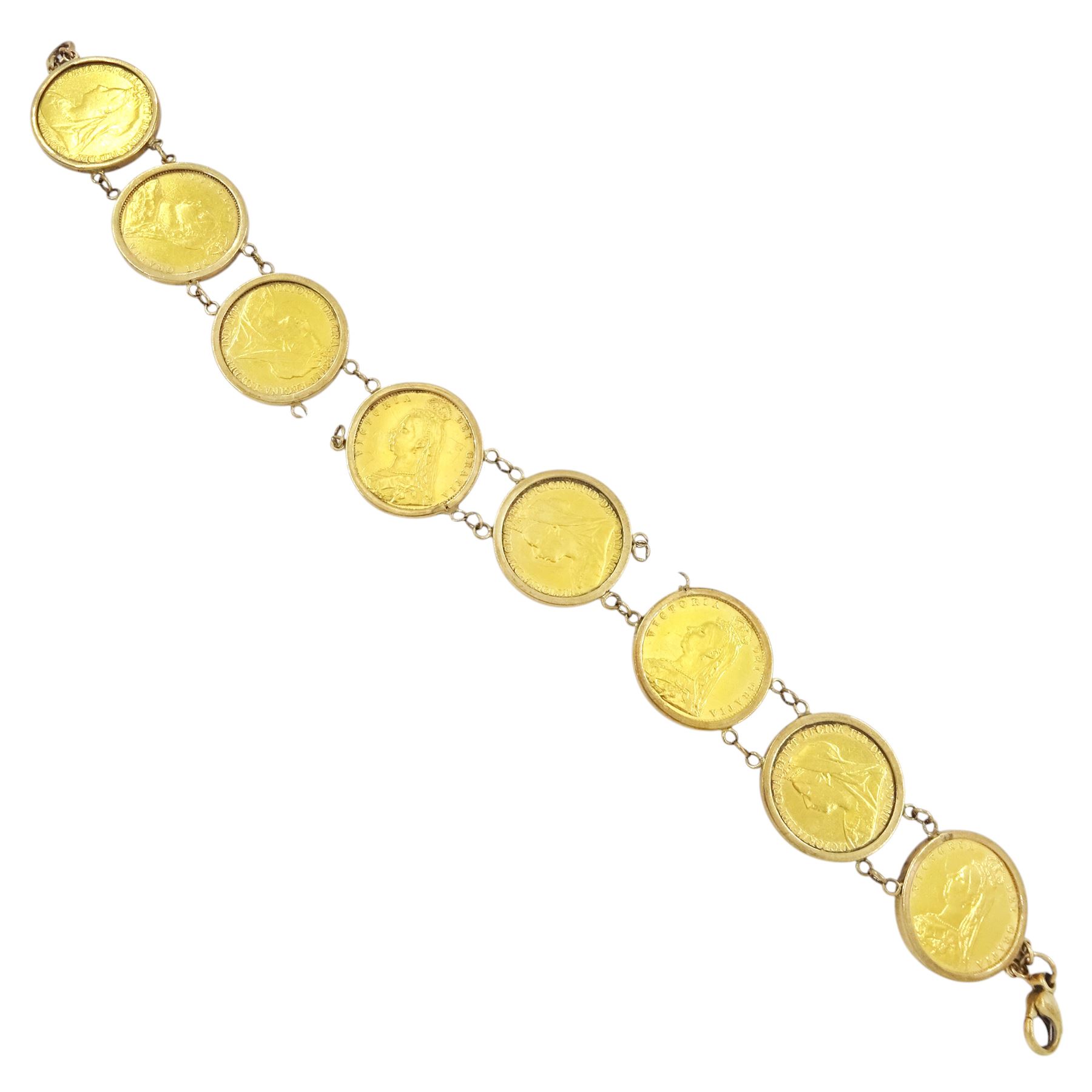 Queen Victoria gold half sovereign bracelet, four shield back half sovereign's dated 1887, two dated 1892 and one other 1890 and four other half gold sovereigns dated 1898 and 1897, all loose mounted in later 9ct gold bracelet