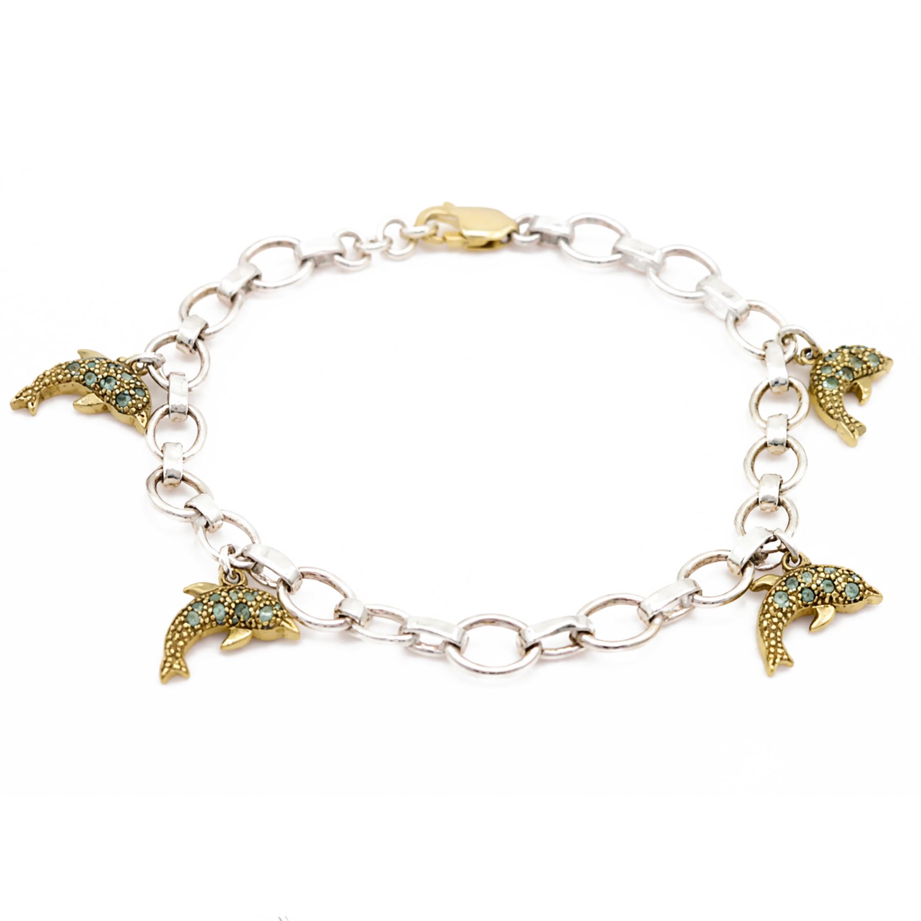 Silver oval link bracelet, with five 9ct gold Russian alexandrite set dolphin charms and a gold clasp, stamped 10K and a pair of silver dolphin earrings