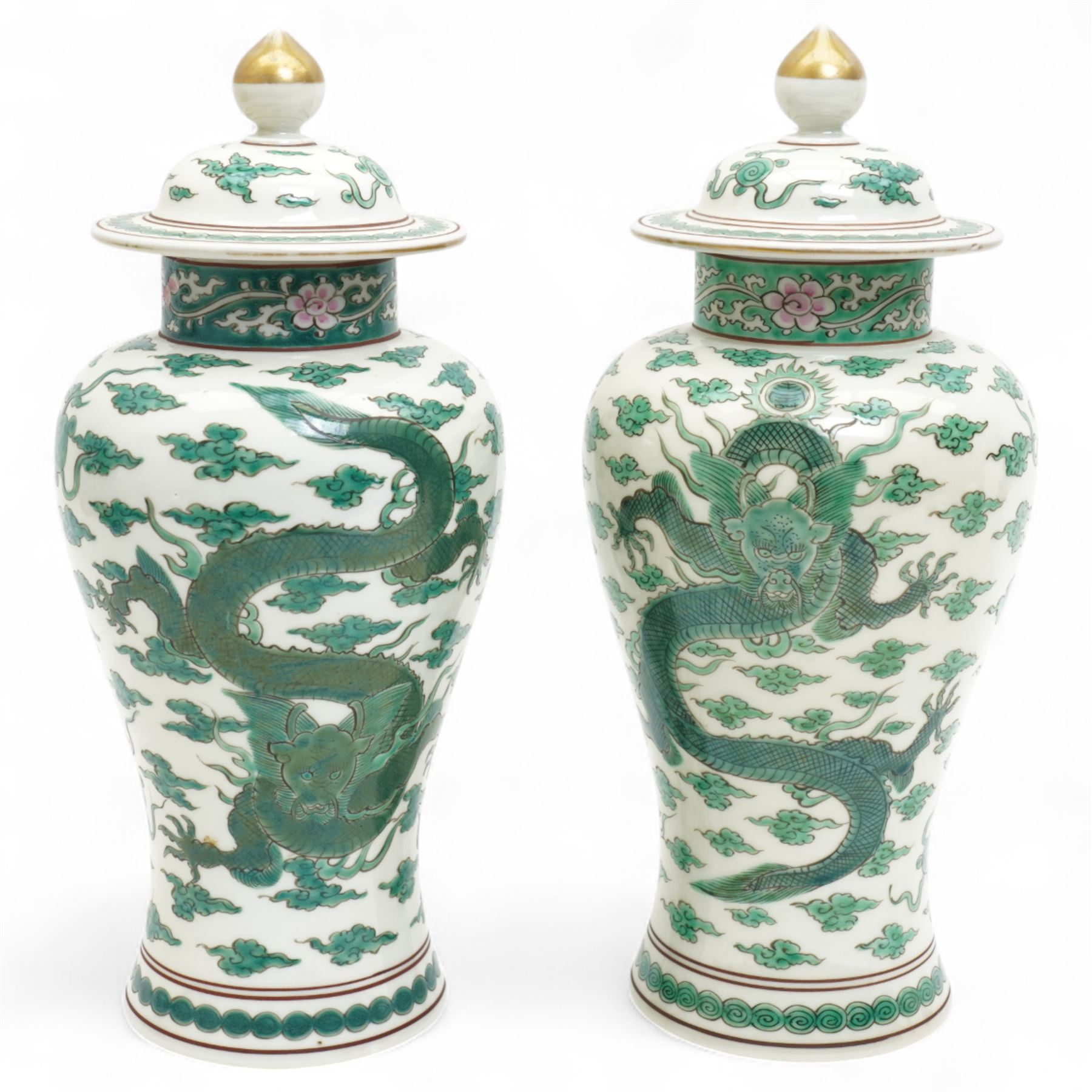 Pair of Chinese 20th century famille verte vases and covers, decorated with dragons among flaming pearls, H32cm (2)