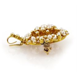 Edwardian 15ct gold pearl flower brooch, with detachable pendant setting, in fitted velvet and silk lined box