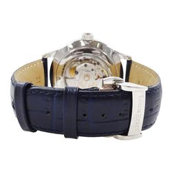 Louis Erard gentleman's stainless steel automatic moonphase wristwatch, blue dial with Arabic and dagger hour markers and day / date aperture, on blue leather strap, with fold-over clasp, boxed