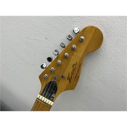 Fender style sunburst electric guitar with manuscript mark 'Zenta Stratocaster 1963' L97cm; in hard carrying case; another similar unmarked sunburst electric guitar; in gig bag; and Fender Frontman Amplifier, serial no.M473406 (3)