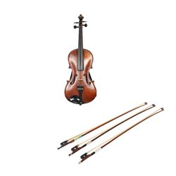 Two 19th century violins, each with two piece maple backs, ebonised wooden pegs and finger boards and modern plastic chin rests, with two bows, all contained within a modern two-violin soft case with red interior