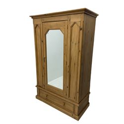 Solid pine single wardrobe, fitted with single mirror door, drawer to base
