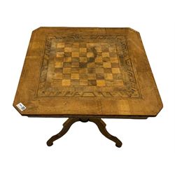 19th century walnut and marquetry games table, inlaid with chessboard with Tunbridge Ware type decoration, turned pedestal with three splayed supports