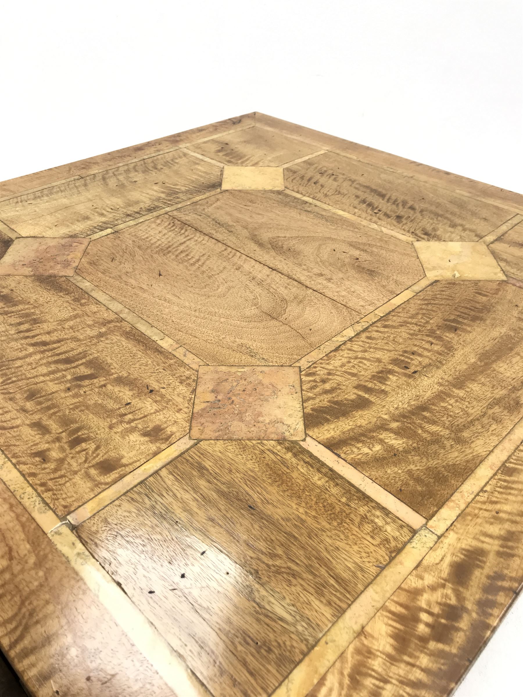 Teak and tile inset square coffee table, six drawers, baluster supports joined by undertier 