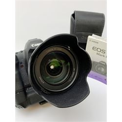 Canon EOS 5D camera body with Canon 'BG-E6' battery grip, Canon 'Speedlite 580EXII' flash and Canon lens 'Canon Zoom Lens EF 24-105mm 1:4 L IS USM' with Canon EOS 5D Mark II instruction manual