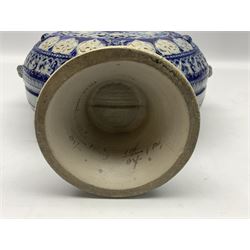 German stoneware blue glazed vase of flattened form with twin handles, H49cm (a/f)