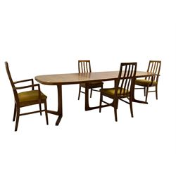 Oluf Theodore Larsen for NMB - mid-20th century teak extending dining table with two additional leaves, on splayed supports (261cm x 95cm x 73cm), and set four (2+2) mid-20th century teak dining chairs with high vertical slatted back on tapered supports (54cm x 51cm x 99cm)