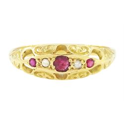 18ct gold ruby and diamond ring, five alternate round cut rubies and rose cut diamonds, in...