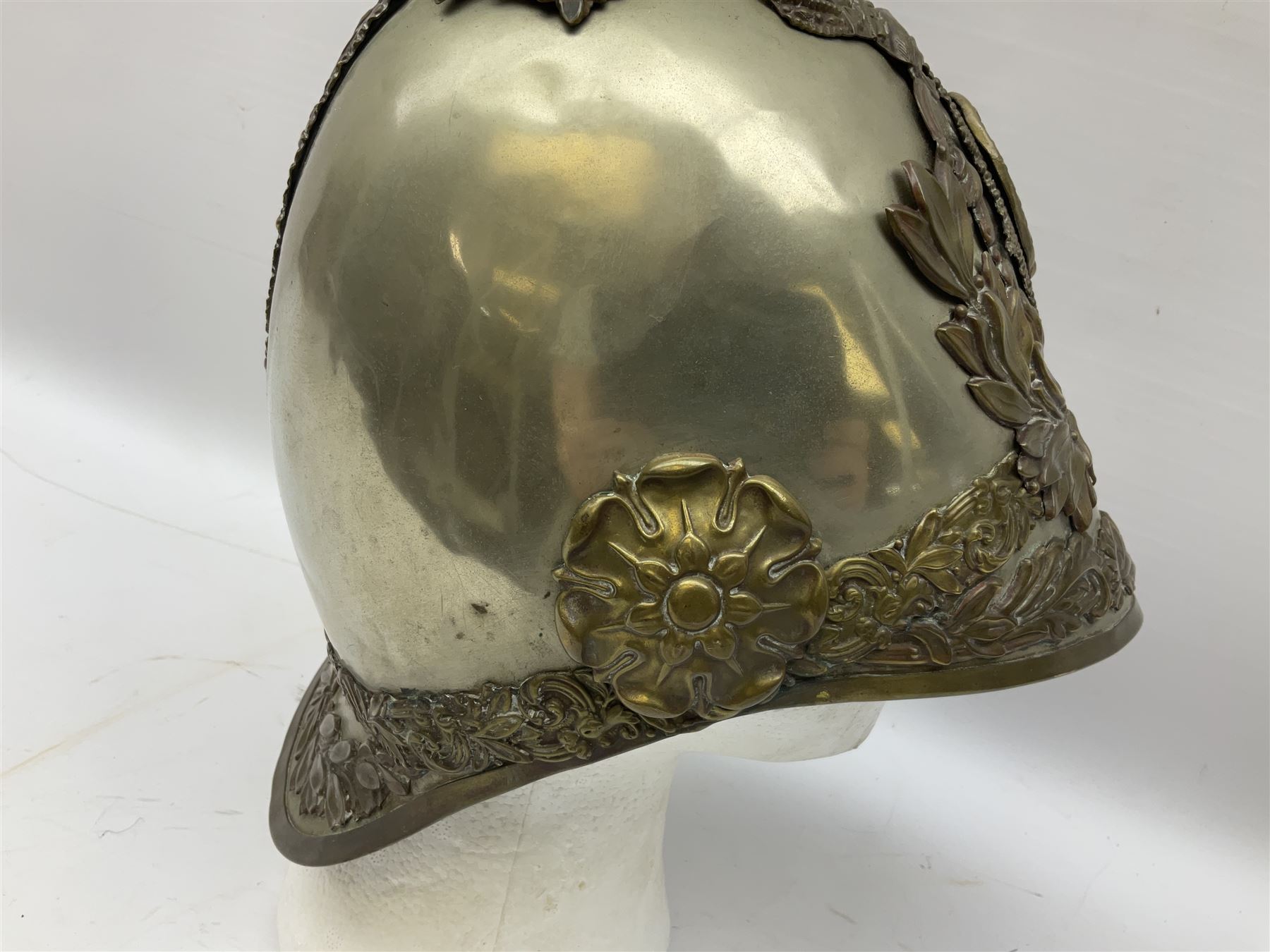 Victorian 1847 Pattern Officer's Helmet of the Inniskilling Dragoons, the white metal skull with gilt fittings including VR cypher to the plate; with leather liner H24cm