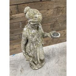 Pair of cast stone garden dogs and 2 female figures,