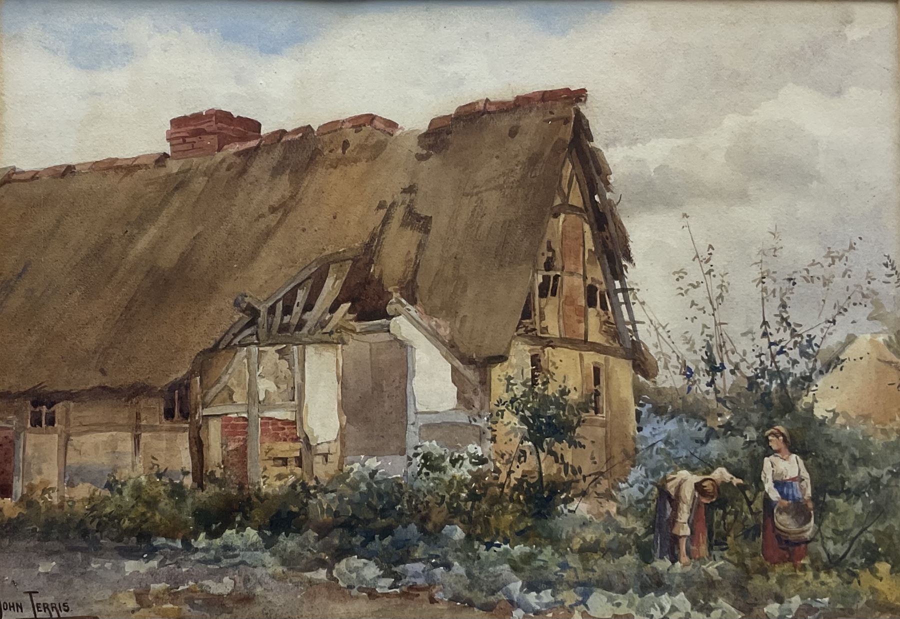 John Terris (Scottish 1865-1914): Gardening, watercolour signed 29cm x 42cm
Provenance: with Tillywally Gallery, Milnthort, Kinross-shire, label verso