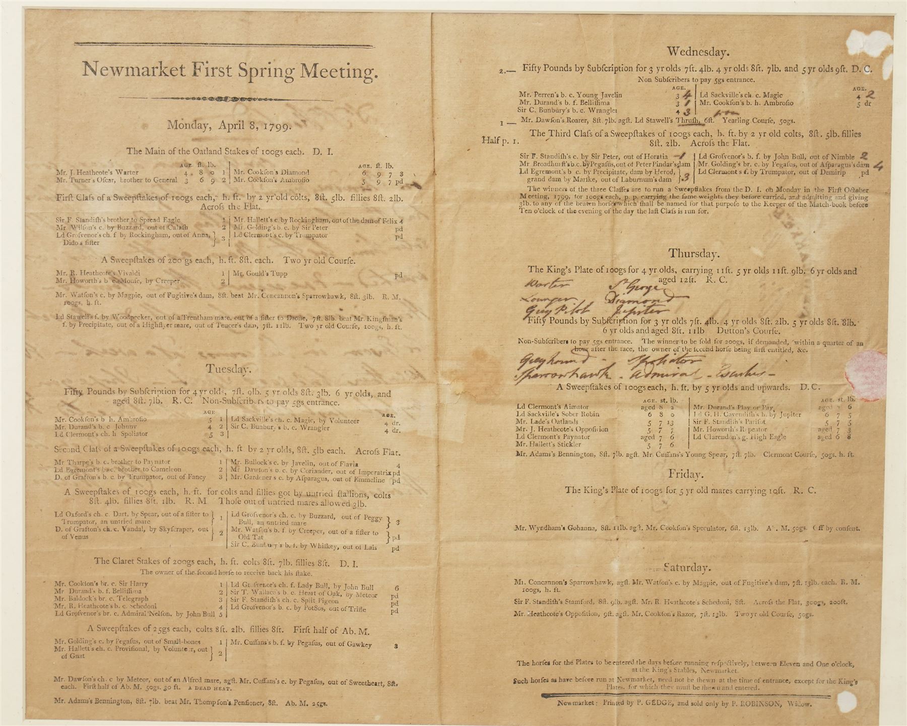 18th century double page handbill for 'Newmarket First Spring Meeting, April 1799' with list of runners and owners etc 31cm x 37cm framed, a single page bill 'Newmarket Third October or Houghton Meeting October 1803', another 'Doncaster Races September 1767' 30cm x 17cm, and another York August Meeting 1806 29cm x 17cm all framed (4) 
Provenance: property of a Nobleman