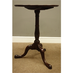  George III mahogany wine table, circular dished tilt top on collar turned vase shaped column, three outplayed supports, D50cm, H70cm  