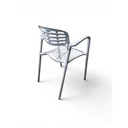 Set of eight mid-20th century painted aluminium garden armchairs, curved backs with shaped seat, stackable