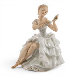 Three Wallendorf figures, comprising Girl seated with fan 1590/1, Girl with fan 1396/1 and Girl Dancing 1507, tallest H27cm