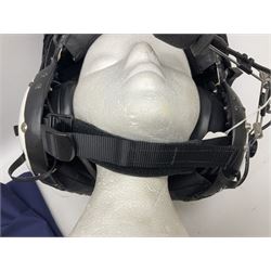 RAF Alpha MK 4 helicopter pilot's flying helmet, finished in white for civilian/rescue service use; reconditioned and avionics tested as working; black cloth cover to visor; fitted with boom microphone; medium size; in blue cloth carrying bag