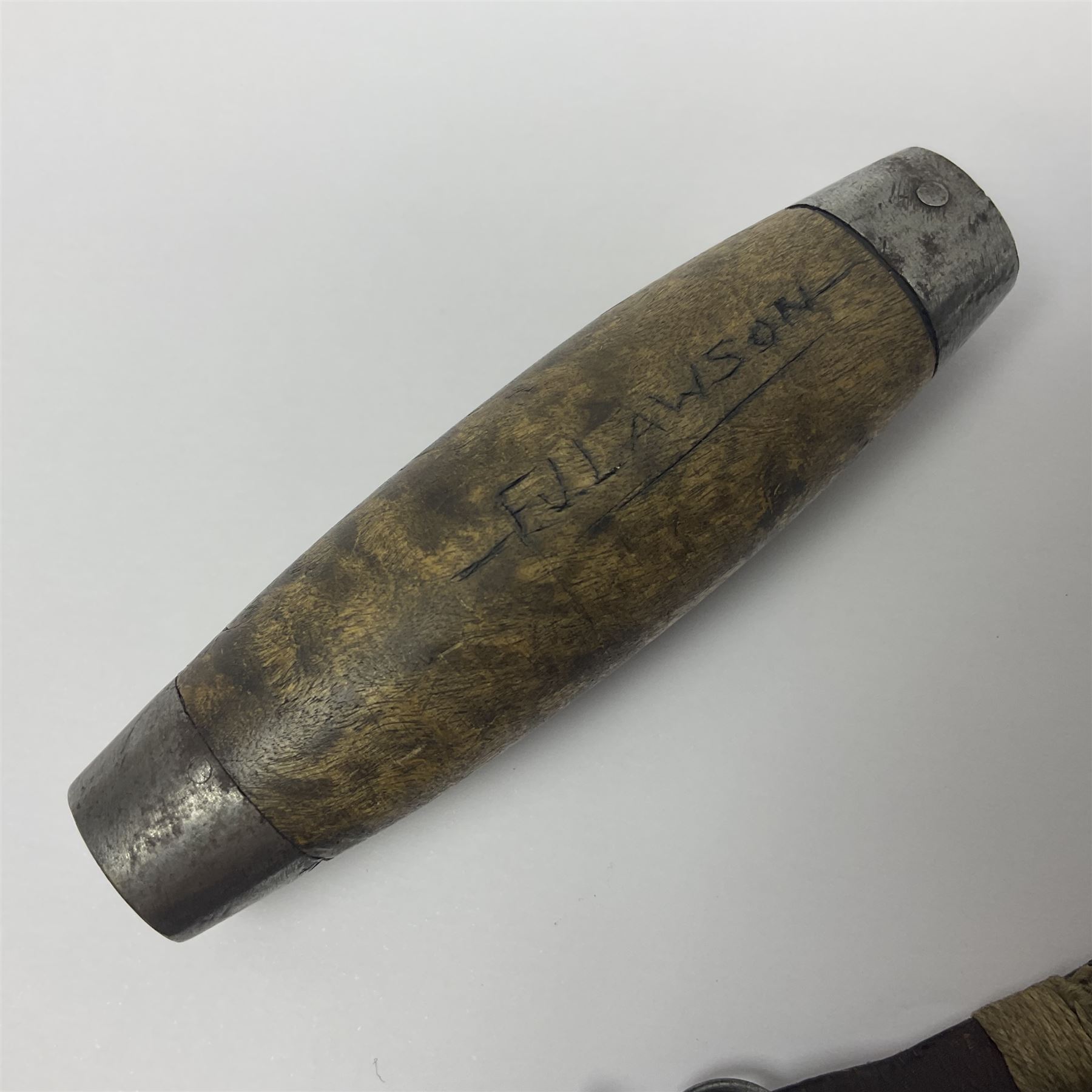 Mid 20th century Swedish barrel/sloyd knife by Segerstrom, with wooden handle and leather strap, stamped Segerstrom Eskiltuna Sweden, blade 8cm