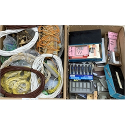 Quantity of model making items including sets of precision screwdrivers and files, craft tool blades, small desk vice with magnifier, unused blister packed components, station and trackside accessories; and large quantity of electrical cable