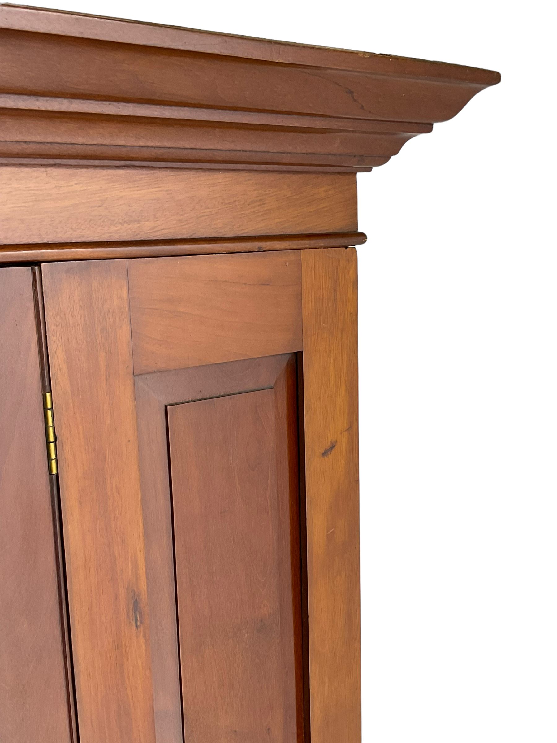 Edwardian walnut single wardrobe, projecting cornice over panelled front and bevelled mirror glazed door, single drawer to base