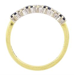 18ct gold sapphire and diamond half eternity ring, seven alternating round brilliant cut diamonds and round cut sapphires, hallmarked, total diamond weight approx 0.30 carat
