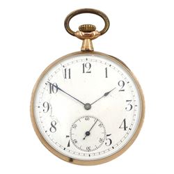 Early 20th century 9ct gold open face keyless lever pocket watch, white enamel dial with Arabic numerals and subsidiary seconds dial, stamped 9K