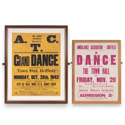 Two mid century dance posters for Driffield Town Hall, the first with black lettering on an ochre ground reading 'No.1233 Driffield Squadron' dated October 1943, the second with pink lettering on an ivory ground for the Ambulance Association, both in wooden frames, tallest H67.5cm