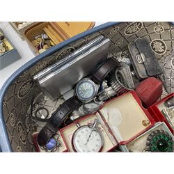 Victorian and later jewellery including silver thimble, rolled gold pendants, earrings and brooches and a collection of wristwatches including Sekonda, The Westminster Collection Historic Timepieces Spitfire pocket watch etc