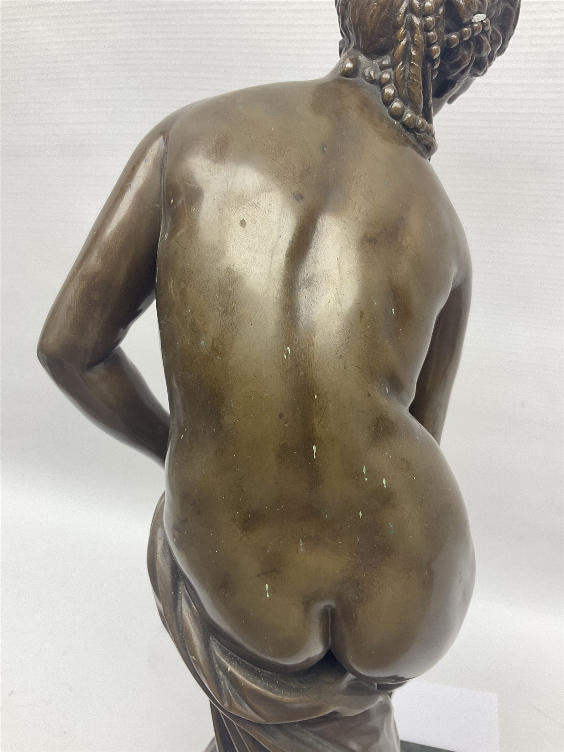 After Christopher Gabriel Allegrain (1710-1795),  Venus au bain, bronze, upon square plinth, Impressed F Barbedienne Fondeur, the base impressed C G Allegrain Fecit 1767, and bearing Barbedienne foundry seal, overall H51cm