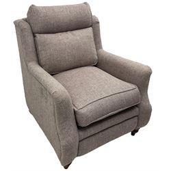 Parker knoll -  'Newbury' two-seat sofa (W148xm, H103cm, D100cm); and matching armchair with electric rising footrest (W85cm); upholstered in lavender fabric 