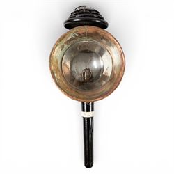 Shanks (London) - good pair of silver plated and toleware carriage lamps, gilded circular housing, bevelled side glass, maker engraved to candle mount