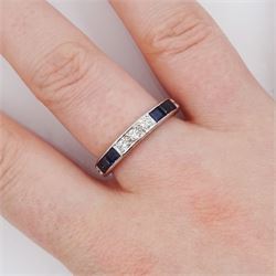 18ct white gold round brilliant cut diamond and calibre cut sapphire half eternity ring, London 1972, total diamond weight approx 0.30 carat