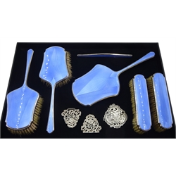 Silver and blue enamel dressing table set by Albert Carter, Birmingham 1930,  Victorian silver buckle by Minshull & Latimer, Birmingham 1896 and single buckle hallmarked