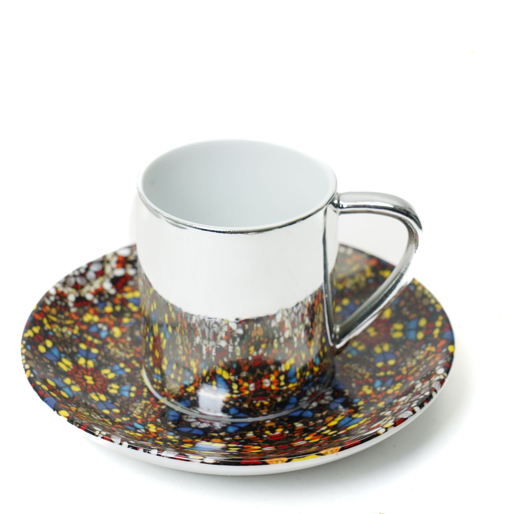 Damien Hirst (British 1965-); set of six anamorphic silver lustre espresso cups and saucers of various designs