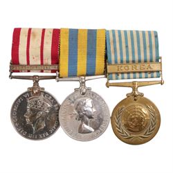 Medal group, comprising Navy General service medal with Palestine 1945-48 clasp, Queen Elizabeth II Korea Medal, and the NATO Korea Medal, with ribbon bar and Imperial Service Medal awarded to D/JX 661418 H. E. Severs L.Ten R.N