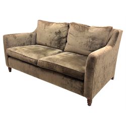 Duresta - three piece 'Finsbury' lounge suite comprising one three-seat sofa, a two-seat sofa and armchair, upholstered in mink coloured velvet, with box seat cushions and deep seat over tapered arms on short stained bun feet (Three seat H 80cm, W 207cm, D105cm, two seat H80cm, W168cm, D105cm, armchair H80cm, W89cm, D105cm)    