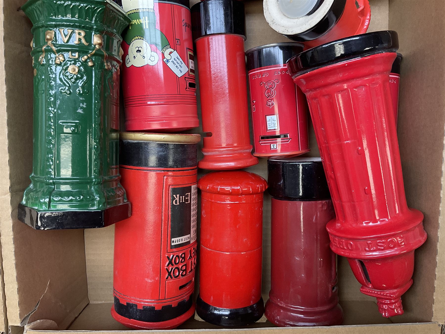Collection of Post Box money boxes comprising ceramic, tin plate and plastic models, to include Crested Ware money boxes bearing motto ‘I Can’t Get a Letter From You So Send You The Box’ etc in three boxes