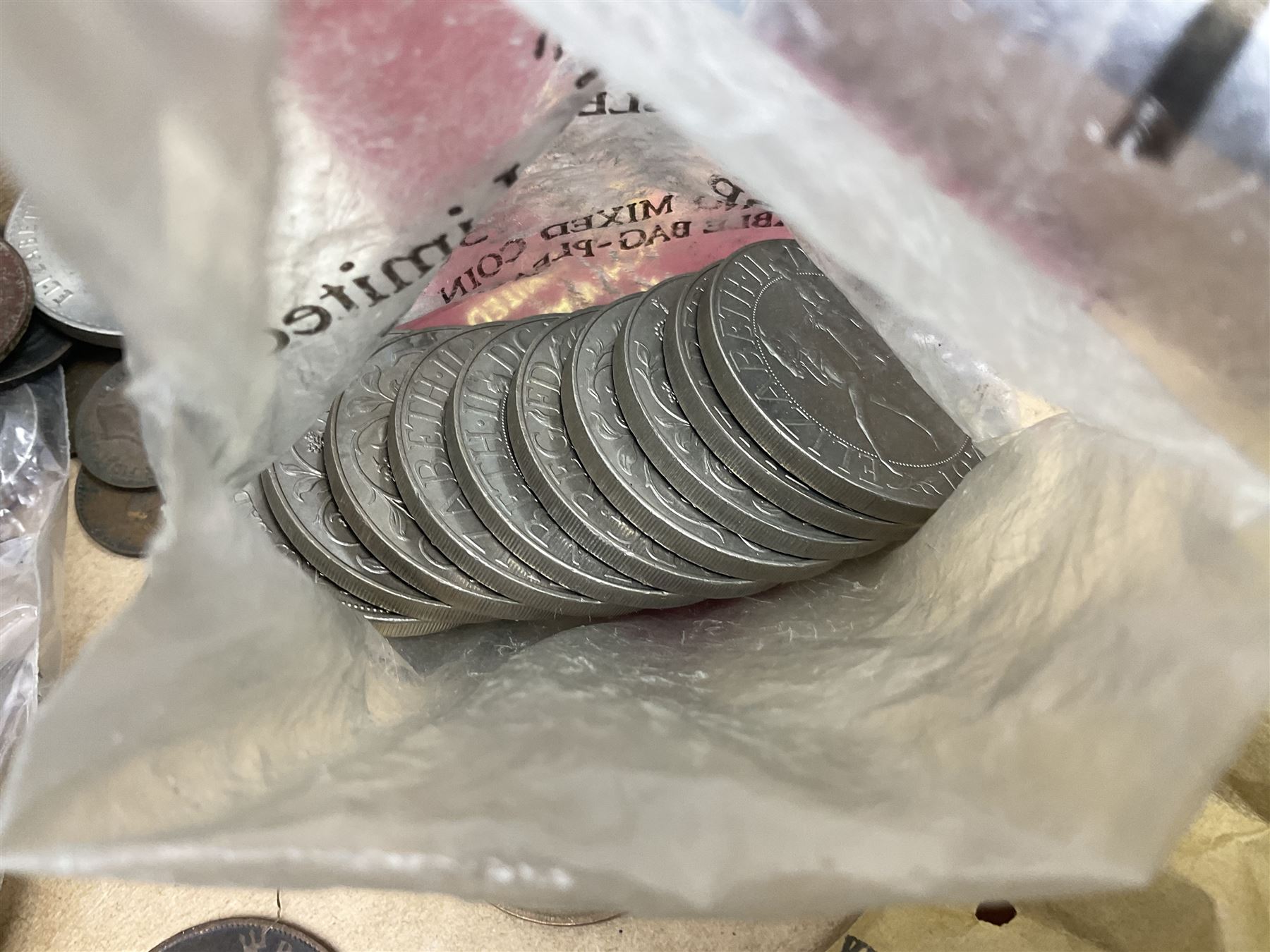 Great British and World coins and banknotes, including pre-decimal coinage, Britain's first decimal coins sets in blue folders, silver one yen coin converted into a brooch, commemorative crowns etc